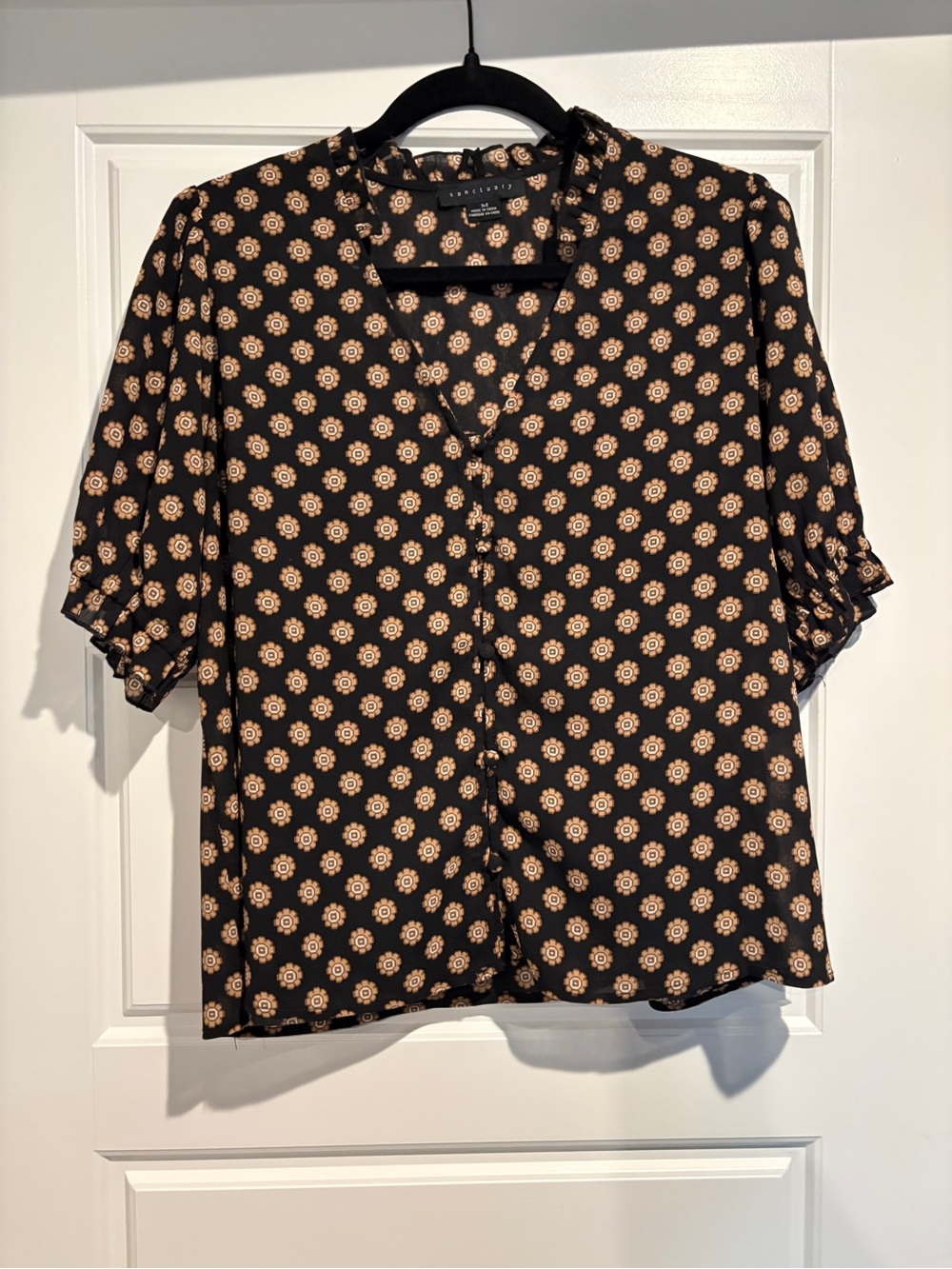 Sanctuary Black Blouse with Tan Floral Medallions